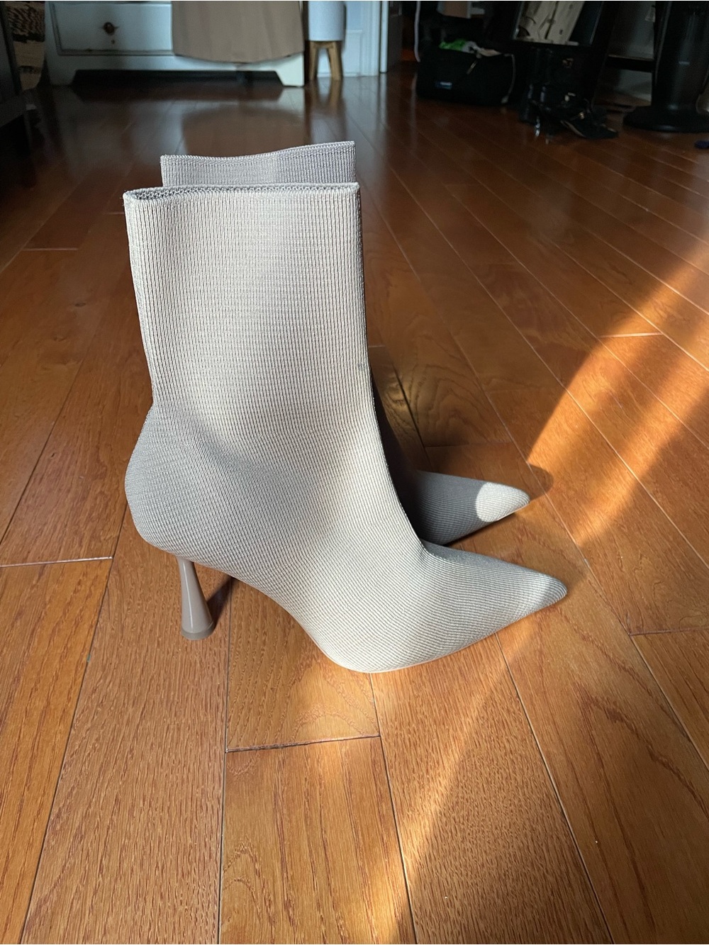 Zara Pointed Toe Stretch-Knit Ankle Boots in Light Taupe
